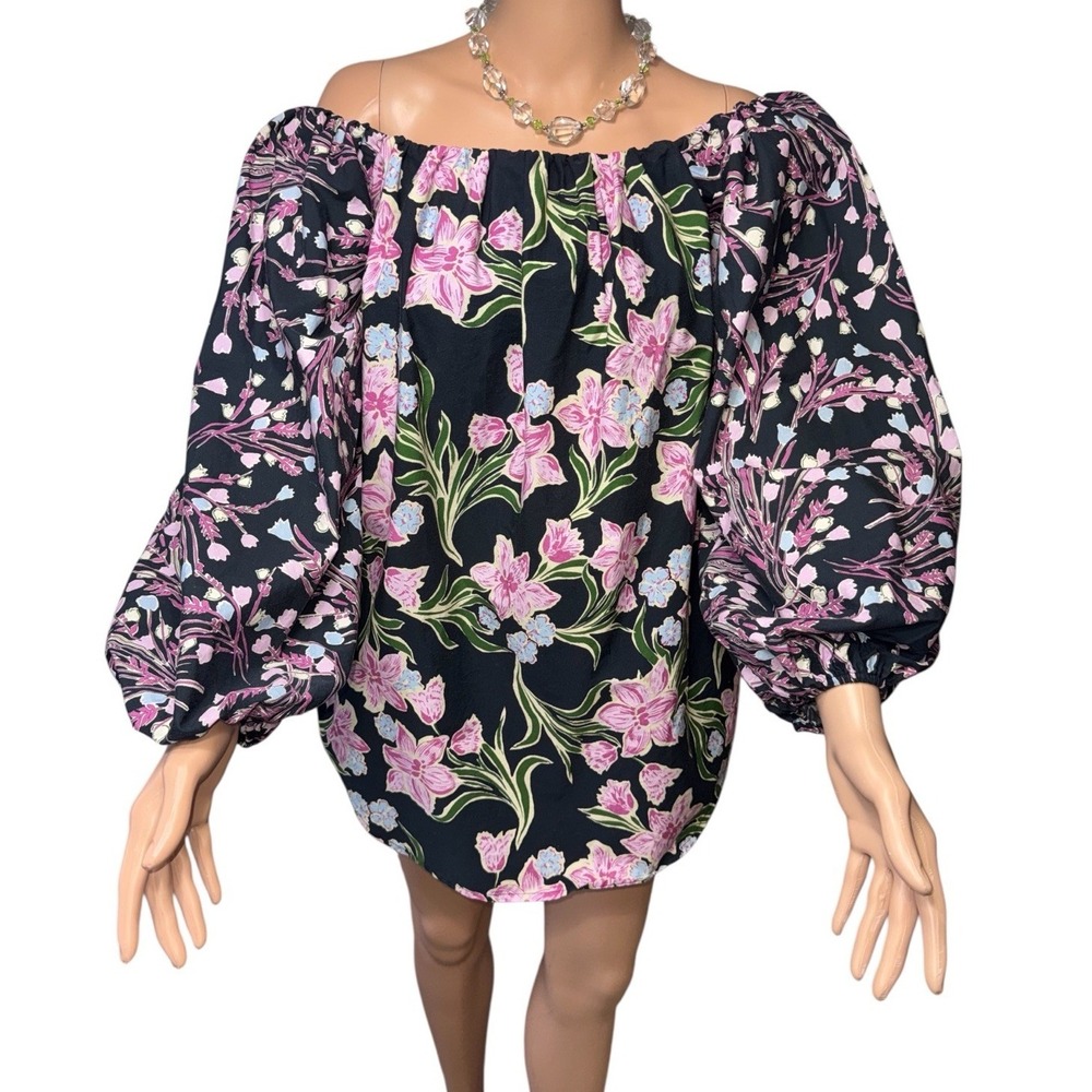 Free People Off-Shoulder Puff Sleeve Floral Blouse with Pockets Romantic Boho